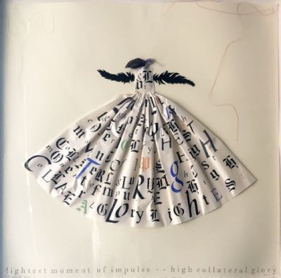 Lesley Dill, Hummingbird Dress, 2013, Lithograph on cream Rives BFK and Thai Kozo papers, thread, plastic and bird feather, hot glue, 31" x 24"