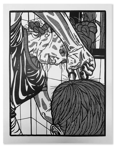 Nathan Catlin, Bathroom Haircuts, 2021 Linocut