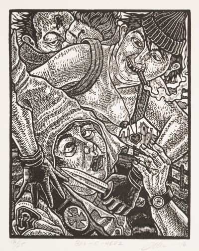 Tom Huck, Bag-O-Hedz from 3 Scenes From A Tiny Riot, 2016 Woodcut
