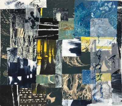 Honorable Mention Christine S. Aaron, Amalgam, 2025. Monotype collage with stitching