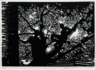 Honorable Mention Jennifer Zwarich, Climbers, 2025. Linocut